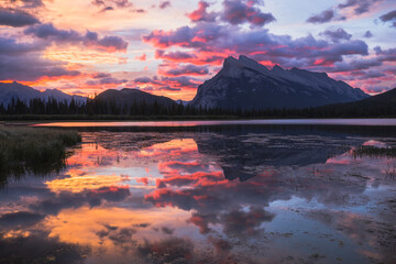 Reflections of Mount Rundle in Vermillion Lakes at sunset, Banff National Park, Alberta, Canada