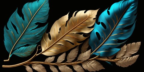 Turquoise Golden Leaves Feathers Background Generative AI