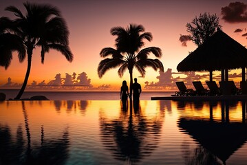 Obraz premium Rear view silhouette of a couple in love on vacation, enjoying in the infinity pool view of the sky at sunset. AI generative