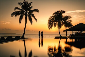 Fototapeta na wymiar Rear view silhouette of a couple in love on vacation, enjoying in the infinity pool view of the sky at sunset. AI generative