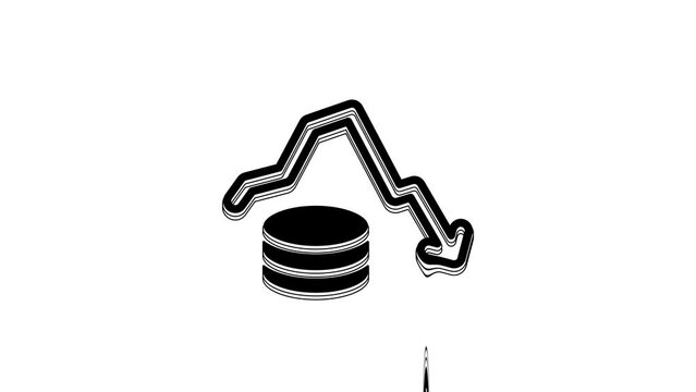 Black Dollar rate decrease icon isolated on white background. Cost reduction. Money symbol with down arrow. Business lost crisis decrease. 4K Video motion graphic animation