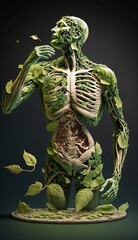 Generative AI illustration of a human skeleton with green leafs.