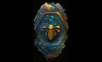 Generative AI illustration of a bee in water with a black background.