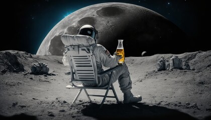 Astronaut sittingchair and drinking beer. Generative AI