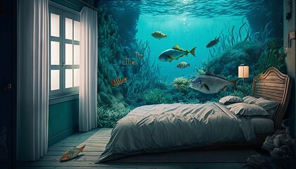 Underwater scene with a wooden bed and fish. Generative AI