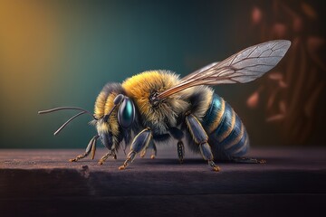 Bee on a wooden background. Generative AI. Computer digital drawing.