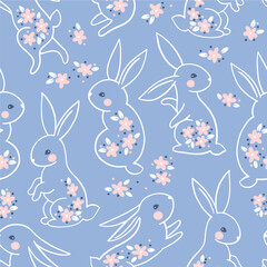Trendy spring summer natural seamless pattern. A line of silhouettes of a bunny rabbit in a vector painted with small flowers. Hand drawn cartoon linocut of a cute forest character and a daisy.