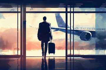 Silhouette of a businessman in an airport waiting for his flight. Generative AI