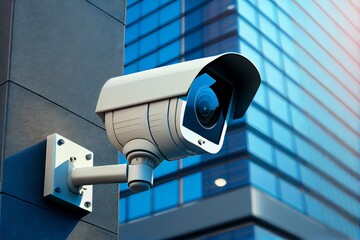 CCTV security camera in modern office building exterior. Generative AI