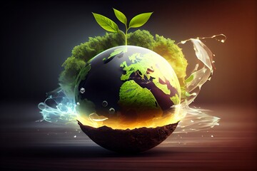Ecology concept with planet earth and green sprout on dark background. Generative AI