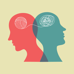 Vector illustration of two men's heads silhouettes with brain in form of entangled yarn thread. Mental health psychology anxiety depression creativity concept