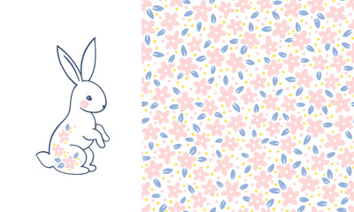 Hare print and seamless floral pattern. Spring composition. Hand drawn cartoon linocut of cute animals with small flowers. Ideal for textiles, fabric, baby clothes.