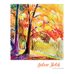 Sketch graphic, autumn landscape, colored pencils. Vector illustration. Summer nature illustration. Art background.