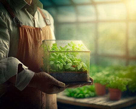 generative ai illustration of Unrecognizable gardener standing in greenhouse, wearing apron and holding sprout container full of fresh green seedlings. Focus on plants