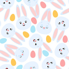 Seamless pattern Easter blue bunnies and colorful eggs