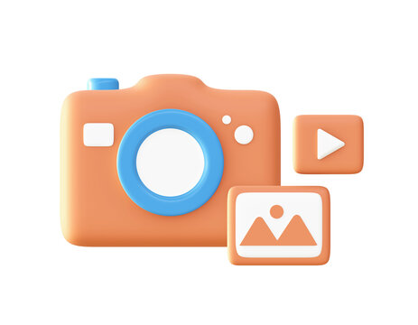 3d Orange photo video and camera icon for UI UX web mobile apps social media ads design