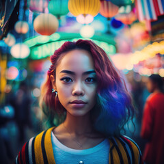 Portrait of beauty alternative punk Asian girl with colored dyed hair. Modern punk style. Generative AI.