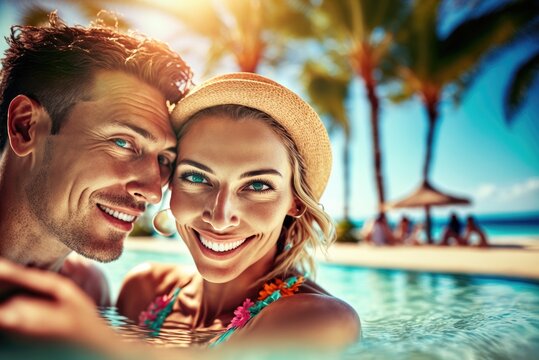 Selfie portrait of a young tanned handsome couple in pool on vacation. AI generative