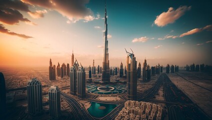 Dazzling Dubai: Majestic sunset over iconic skyscrapers - obrazy, fototapety, plakaty