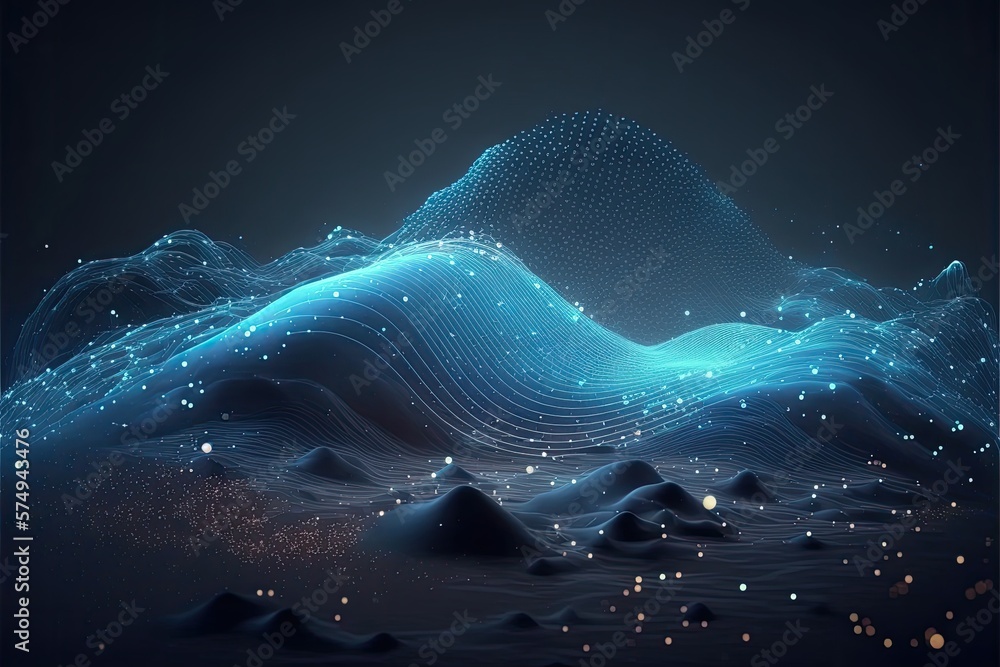 Poster futuristic big data visualization wave connecting neural network and moving on earth.generative ai