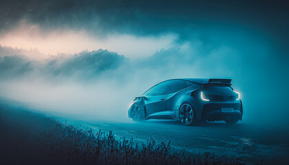 Fototapeta na wymiar Concept hatchback car on a mountain road covered in fog. Blue hour. Created with Generative AI
