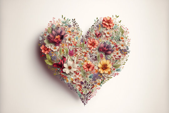 Floral heart with decorative plants and flowers