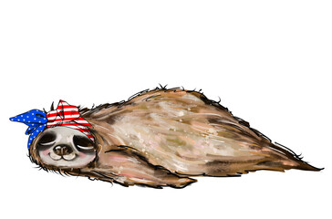 cute sleeping patriotic sloth illustration 4 th of July 
