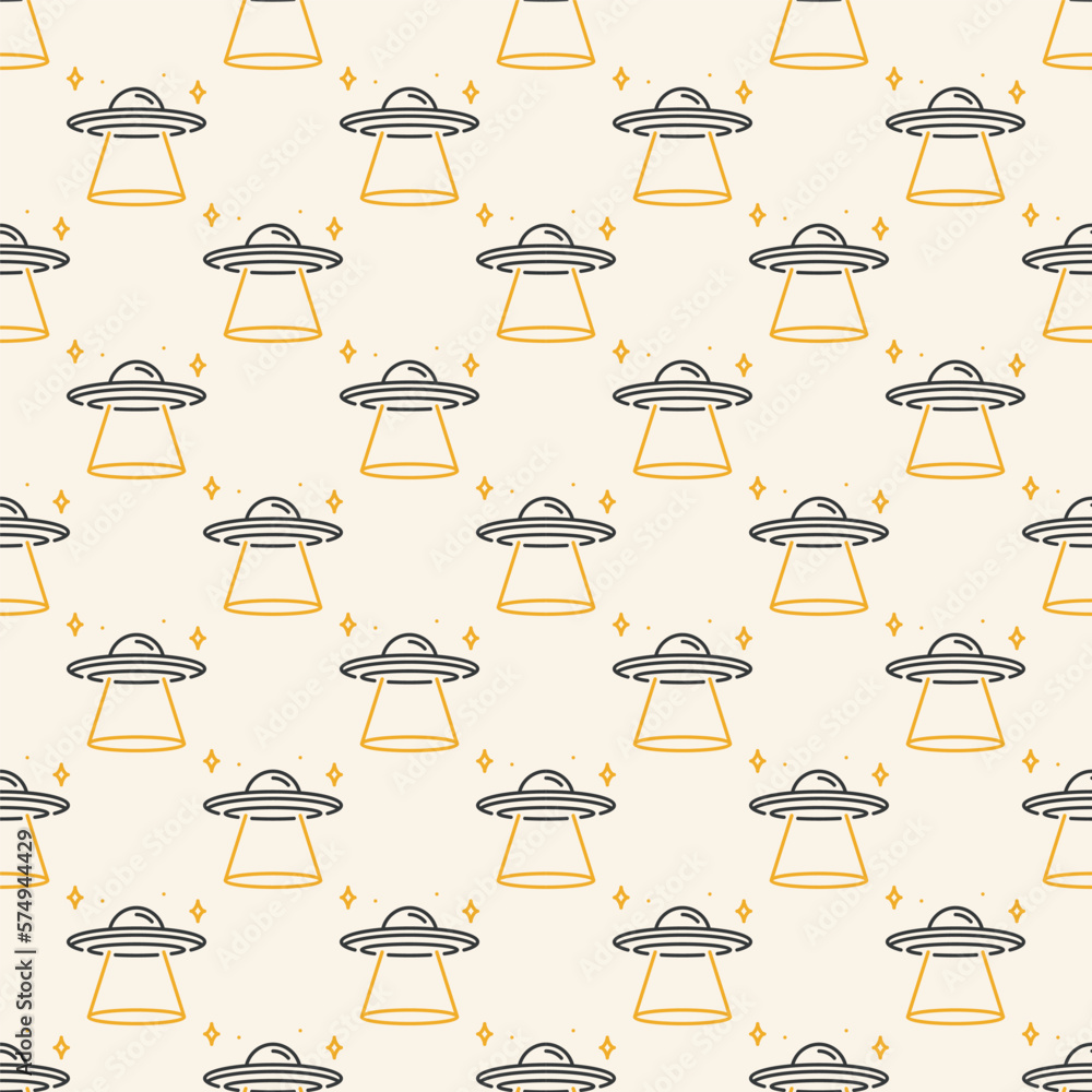Poster alien spaceship vector ufo invasion outline colored seamless pattern