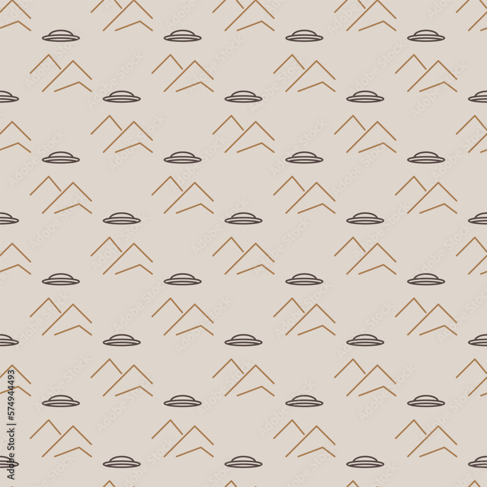 Poster alien spaceship over mountains vector ufo outline seamless pattern