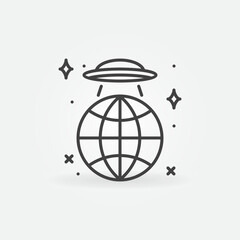 UFO over the Earth Globe vector concept line icon or sign