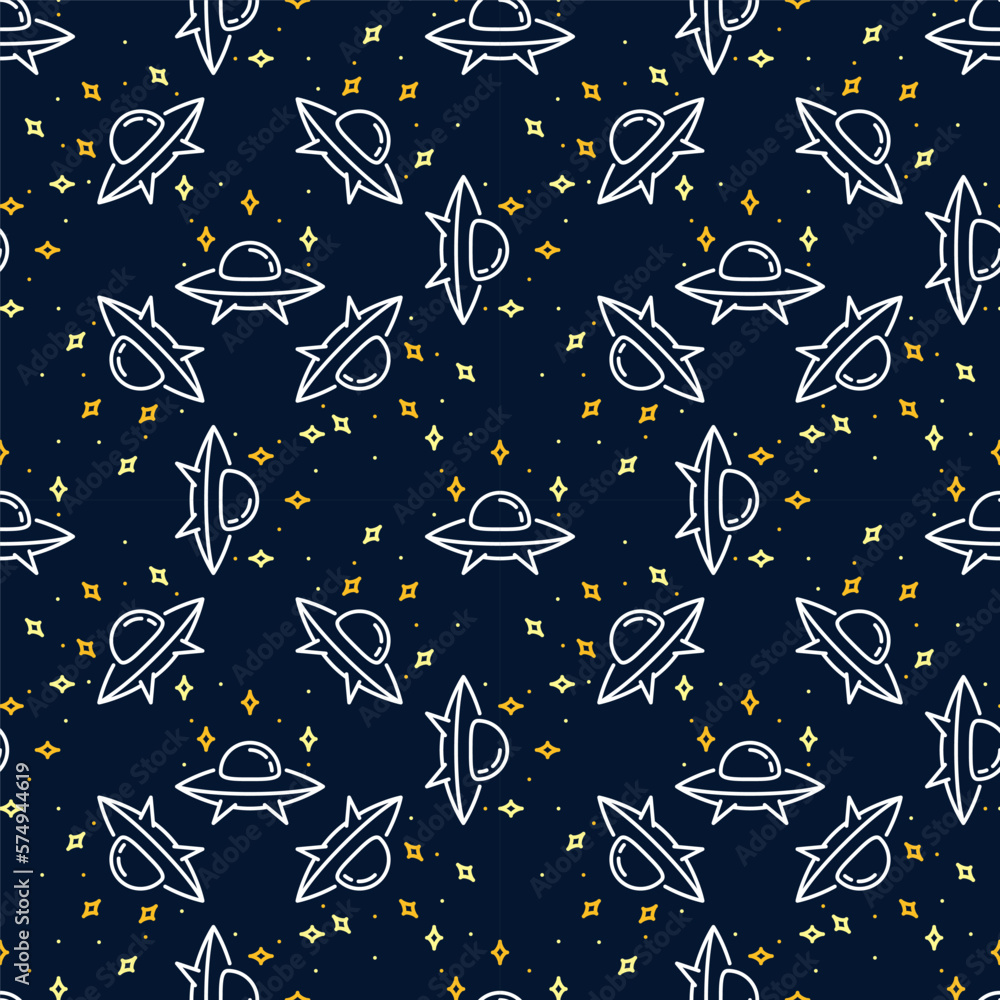Poster ufo extraterrestrial spacecraft vector colored linear seamless pattern