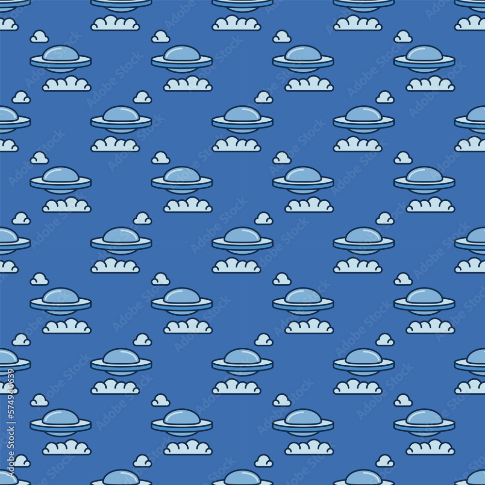 Poster ufo flying saucer in sky with clouds vector seamless pattern