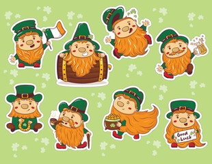 Fototapeta premium Bundle of stickers with Cartoon doodle saint patrick red-bearded gnomes