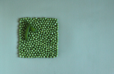 fresh green peas in the form of a square on a gray background