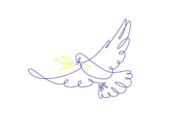 One continuous line drawing of dove with olive branch. Bird symbol of peace and freedom in simple linear style. Concept for national labor movement icon. Editable stroke. Doodle vector illustration