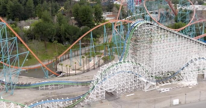 Aerial View of Six Flags Magic Mountain Amusement Park and Twisted Colossus Roller Coaster, Valencia Neighborhood of Los Angeles CA USA
