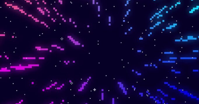 Cosmic background. Pixel art hyper jump, speed of light,  fireworks, falling star. Pixel art 8 bit. Starry sky, pixel background with stars. Pixel art for game, 8 bit. Seamless loop animation