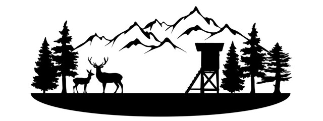 Fototapeta premium Wildlife forest landscape hunt hobby leisure background banner illustration vector for logo - Black silhouette of hunter perch stand, deer, mountains and forest trees fir, isolated on white background