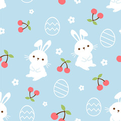 Seamless pattern with bunny rabbit cartoons, cherry fruit, Easter eggs and cute flower on blue background vector illustration.