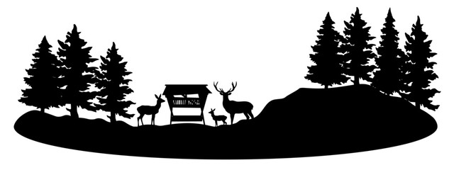 Black silhouette of wild animals, deer and roe deer at feeding station in the forest with fir and spruce trees landscape panorama illustration icon vector for logo, isolated on white background © Corri Seizinger