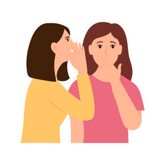 Women gossiping, whispering in ear, slandering, spreading secrets. Flat  vector illustration isolated on white background