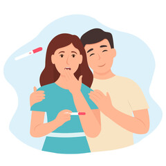 Fototapeta premium Surprised Woman Holding Pregnancy Test.Positive result. Happy young couple expecting a baby.Vector illustration