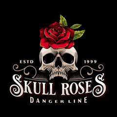 skull and red rose flower vintage logo  - obrazy, fototapety, plakaty