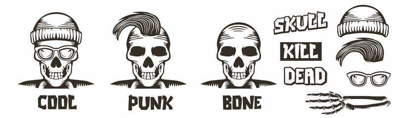 set of skull characters, wearing hat, wearing glasses and punk style along with material design materials