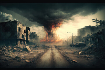 Apocalyptic view of destroyed world, post apocalypse after world war, Generative AI.
