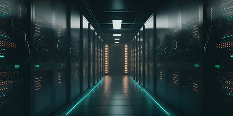 A vibrant image of a modern data center reveals an array of powerful servers and supercomputers, connected by high-speed cables. Technology for storage, processing of large amount data. generative ai