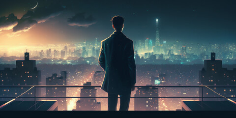  A businessman stands in front of city, confidently holding his pockets in preparation for success. Ready to take on the challenge and reach his goals and vision. generative ai