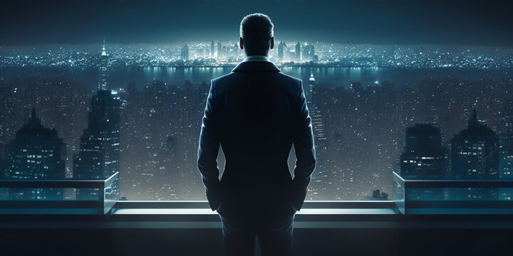  A Businessman Stands In Front Of City, Confidently Holding His Pockets In Preparation For Success. Ready To Take On The Challenge And Reach His Goals And Vision. Generative Ai