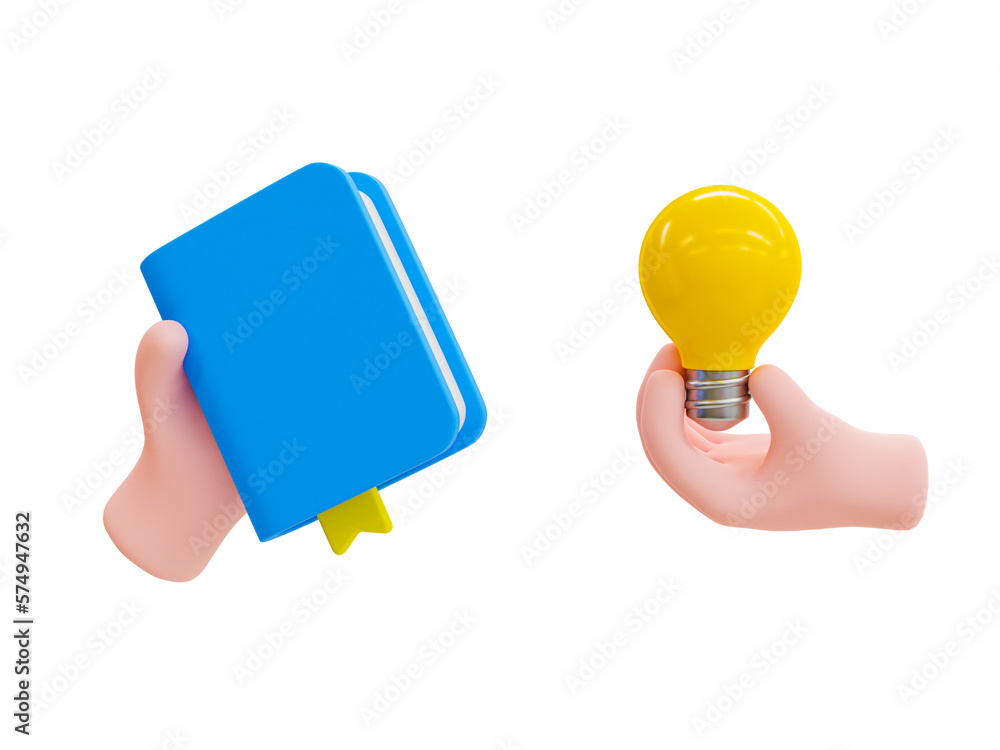 Poster 3d minimal problem-solving concept. figuring out a problem concept. reading for getting a new idea. hand holding a book and hand holding a light bulb. 3d illustration.