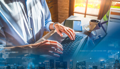 Digital technology internet network connection. Big data digital marketing. Man using modern computer surfing internet with futuristic innovative technology foreground